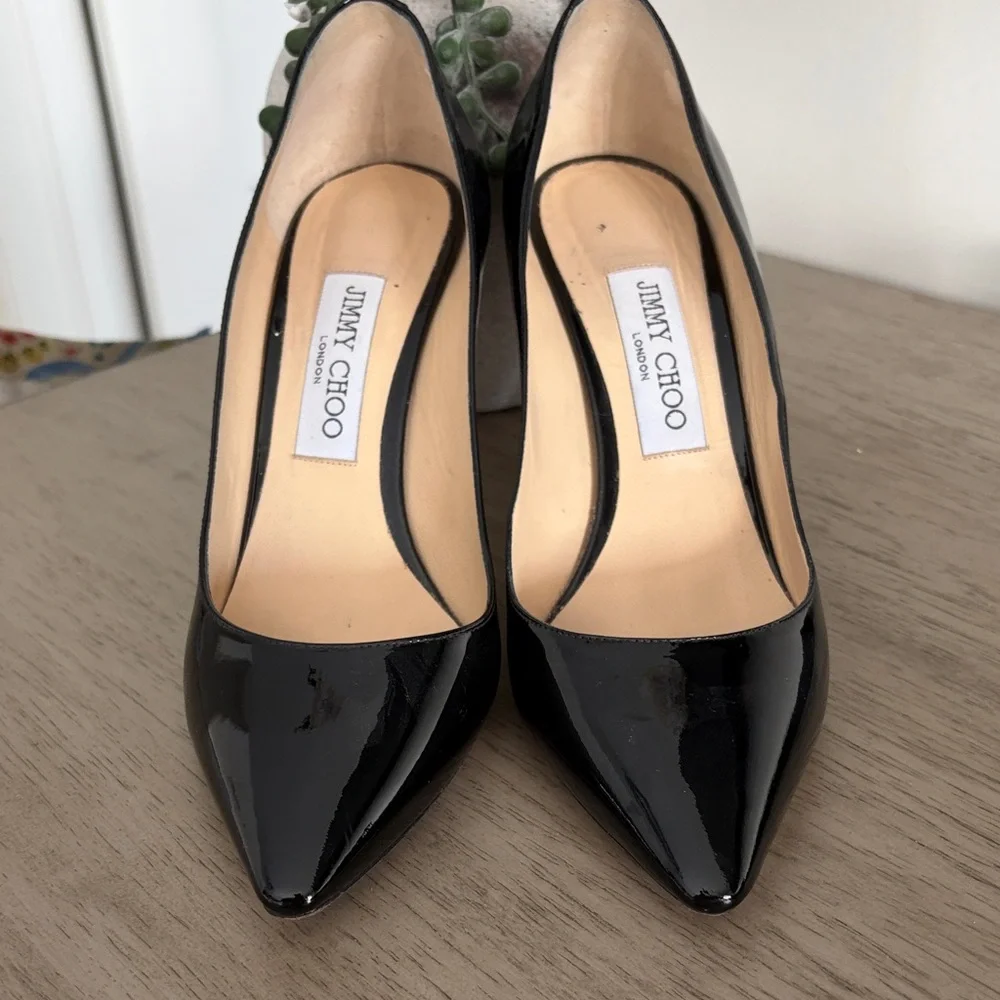 Jimmy Choo Black Patent Leather Pointed-Toe Pumps - Picture 2 of 7